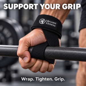 Lifter using wrist straps to grip a barbell during a deadlift.