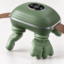Sage green neck and shoulder massager with a black digital display, silver trim and brown strap.
