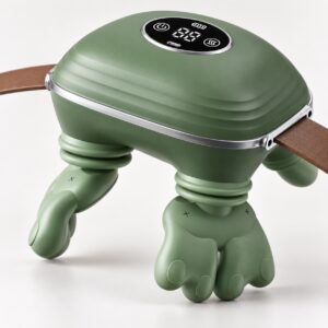 Sage green neck and shoulder massager with a black digital display, silver trim and brown strap.