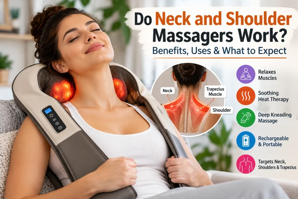 Woman using a neck and shoulder massager with heat showing neck, shoulder and trapezius massage areas